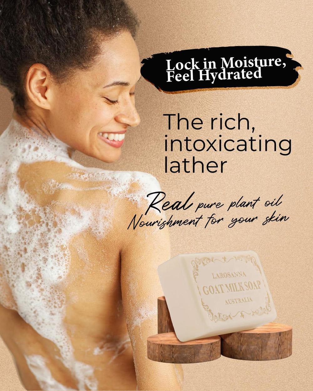 Larosanna goat milk soap closeup bar showing creamy lather for gentle cleansing