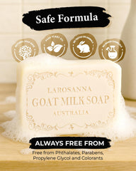 Larosanna goat milk soap cream-lather shot suggesting cleansing and hydration