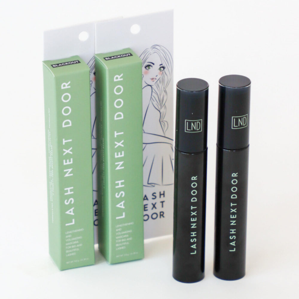 Lash Next Door mascara travel size pack fits neatly in a makeup bag.