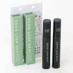 Lash Next Door mascara travel size pack fits neatly in a makeup bag.