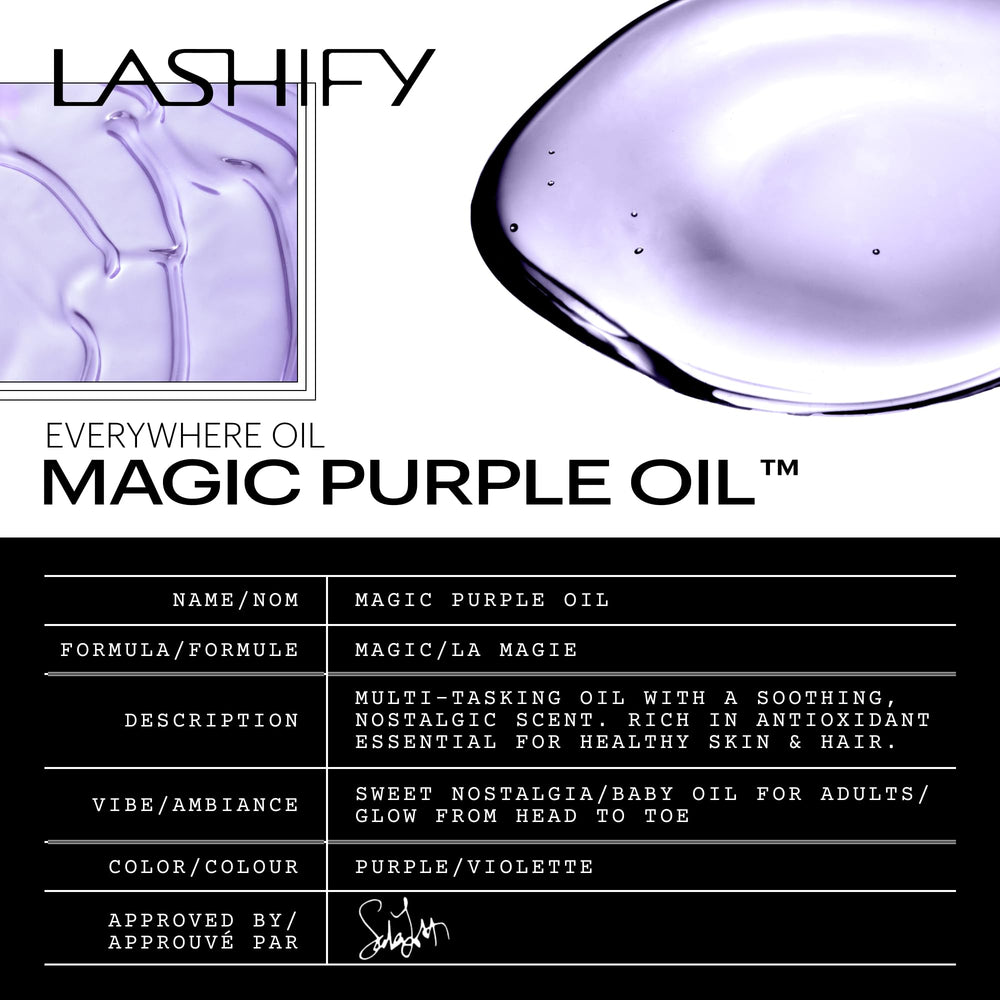 Lashify Magic Purple Oil on the body for soft, hydrated skin.