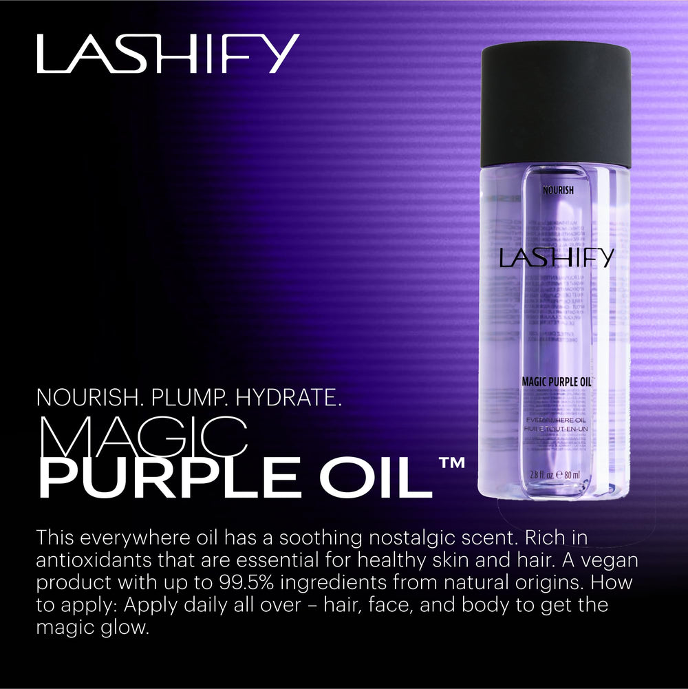 Lashify Magic Purple Oil on the hair to moisturize and tame frizz.