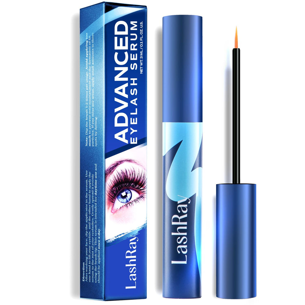 LashRay Renewing Eyelash Serum bottle demonstrates daily growth support for brighter lashes.