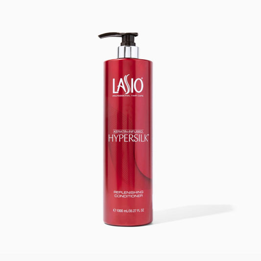 Lasio Hypersilk Replenishing Conditioner bottle pouring to show smooth frizz control and shine