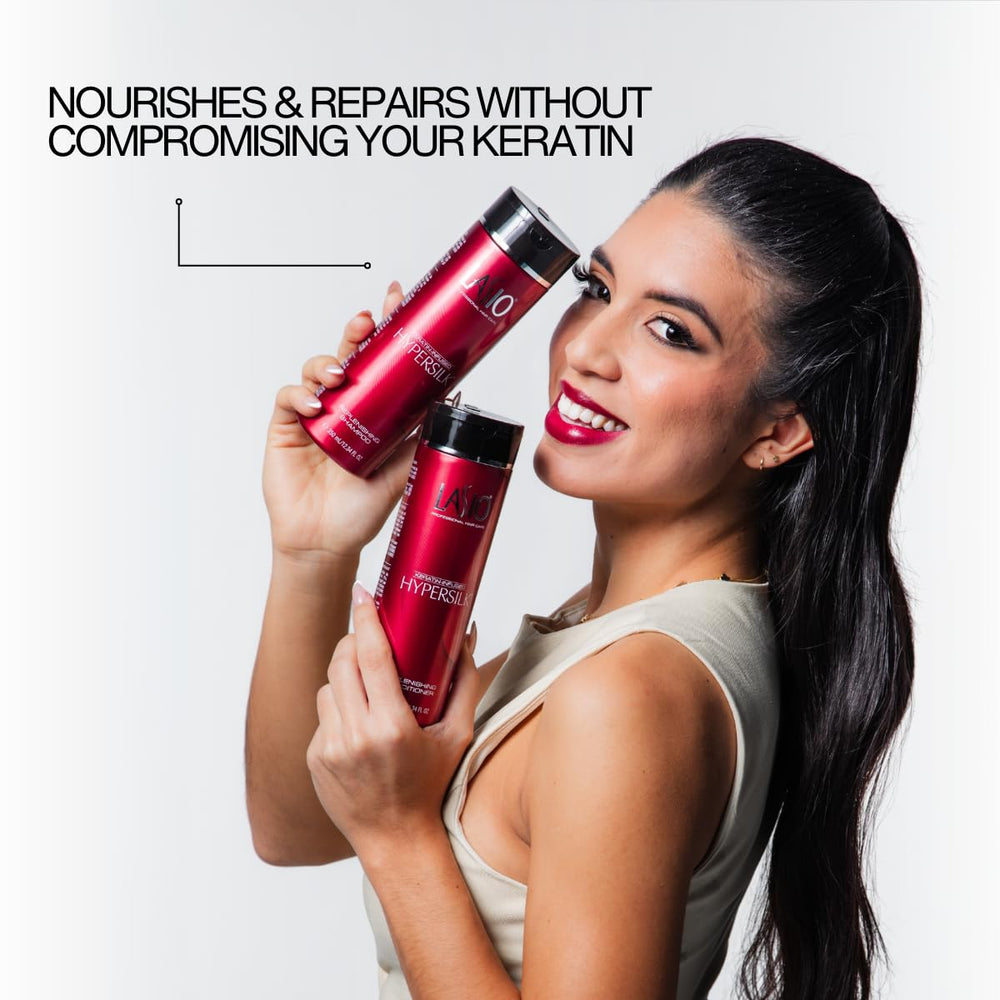 Lasio Keratin Replenishing Conditioner pump close-up emphasizing easy application and nourishment