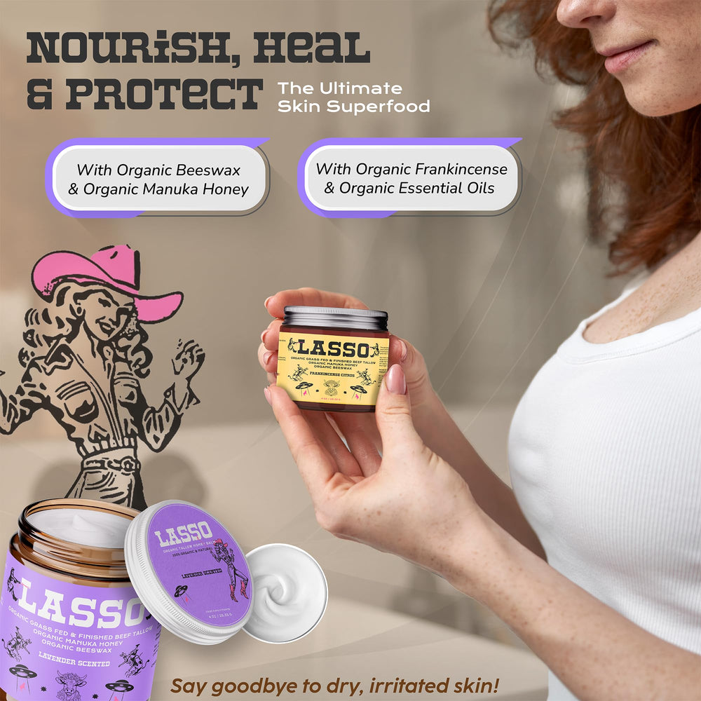 LASSO TALLOW balm in hand for versatile face and body use