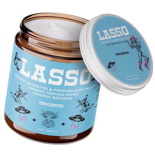 LASSO TALLOW face moisturizer in glass jar for sensitive skin, soothing irritation and redness.