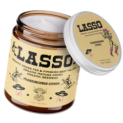 LASSO TALLOW packaging close-up highlighting premium balm for daily glow.