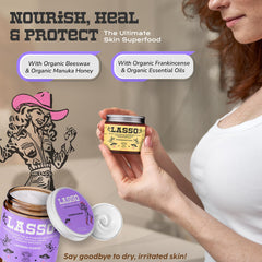 LASSO TALLOW Manuka honey detail emphasizes natural conditioning.