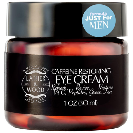 Lather & Wood caffeine eye cream jar reduces puffiness and brightens the eye area.