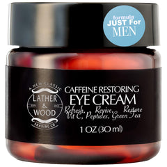 Lather & Wood caffeine eye cream jar reduces puffiness and brightens the eye area.