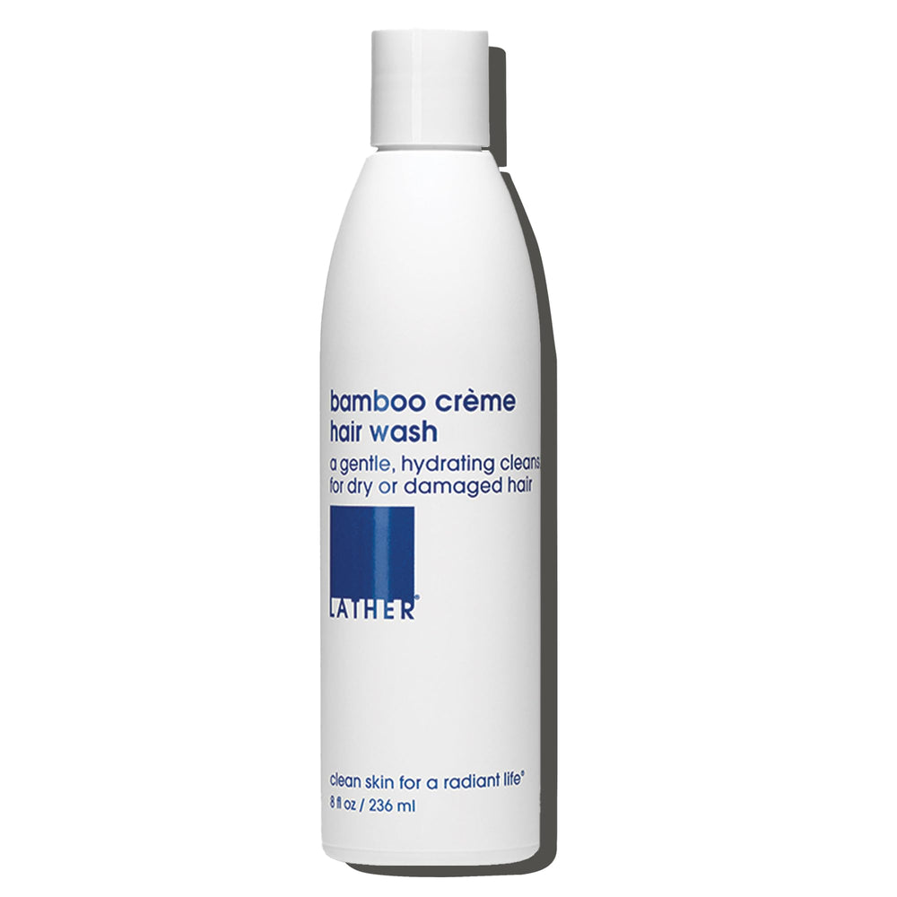 LATHER Bamboo Crème Hair Wash bottle close-up for daily moisture and shine.