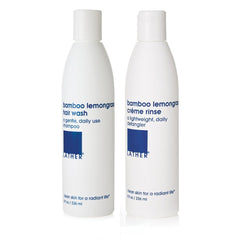 LATHER Bamboo Lemongrass Shampoo bottle shows a fresh scent and daily cleansing.