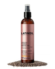 LATINOIL Chia Oil Heat Protectant Spray bottle guards against heat damage for smoother styling