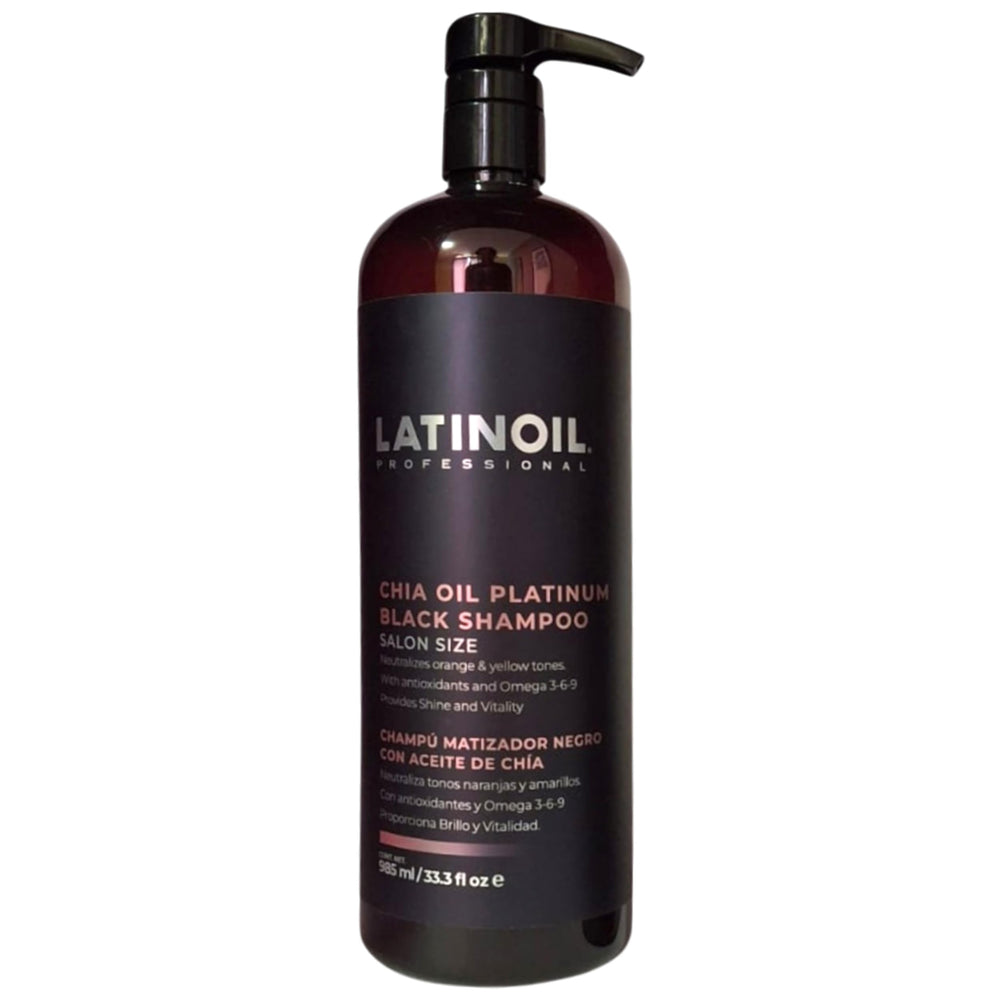 LATINOIL Platinum Black Shampoo bottle closeup emphasizing tone enhancement for blond hair