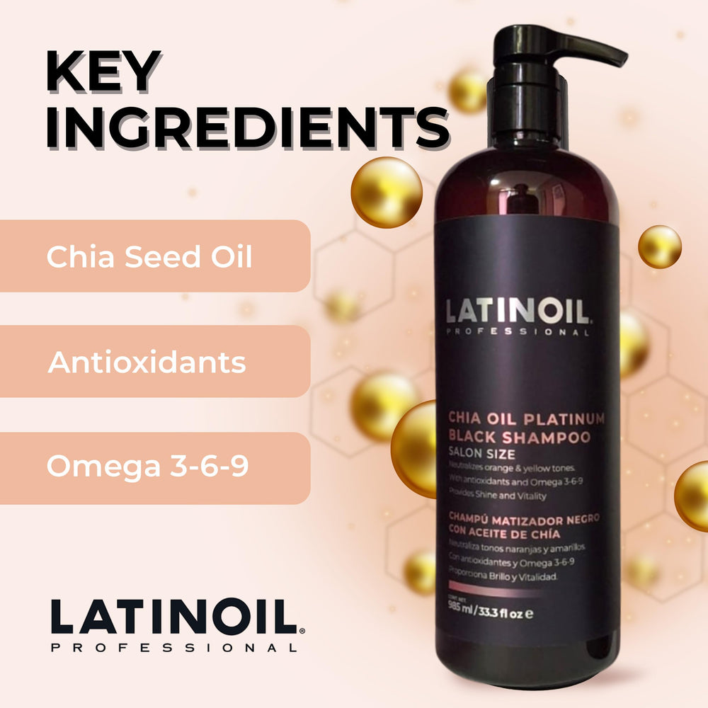 LATINOIL Platinum Black Shampoo on toned blonde hair showing color depositing effect