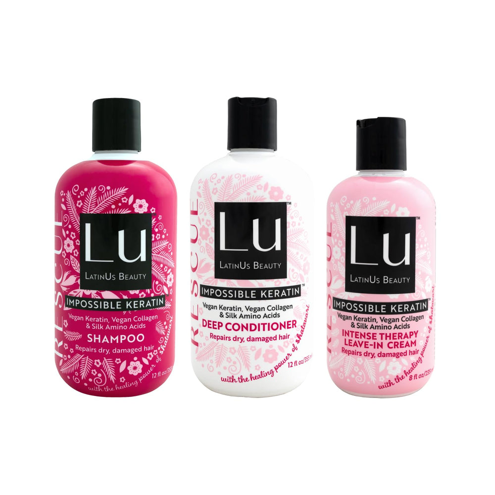 LATINUS Lu Rescue Shampoo bottle demonstrates gentle cleansing for dry, damaged hair.
