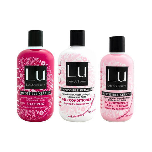 LATINUS Lu Rescue Shampoo bottle demonstrates gentle cleansing for dry, damaged hair.