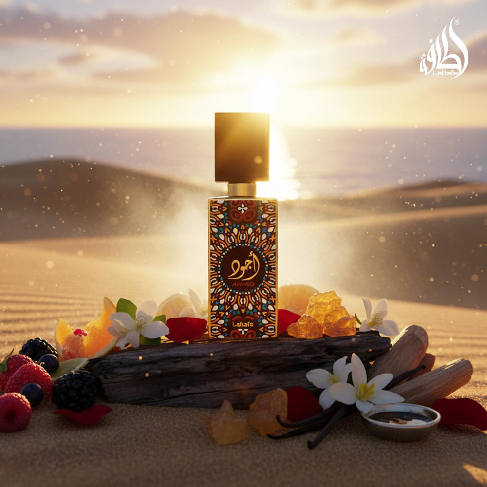 Lattafa Ajwad perfume essence in glass highlights amber and vanilla warmth.
