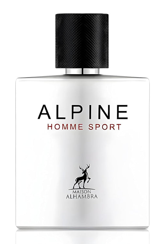 Lattafa Alhambra Alpine Homme Sport bottle front emphasizes premium design for gifting