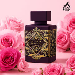 Lattafa Bade'e Al Oud Amethyst box open reveals elegant interior presentation.