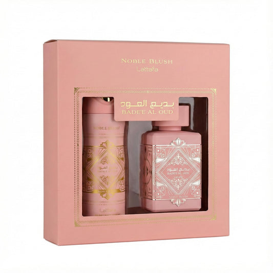 Lattafa Badee Al Oud Noble Blush EDP bottle, long-lasting day-to-night fragrance.
