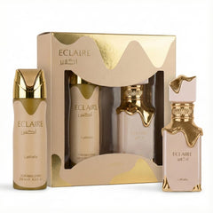 Elegant Lattafa Eclaire gift-set packaging highlights premium presentation.