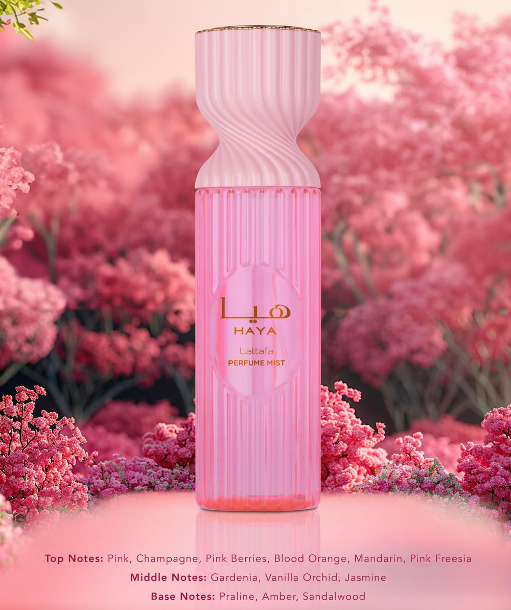 Lattafa Haya Perfume Mist gardenia and vanilla orchid heart for a soft floral linger.