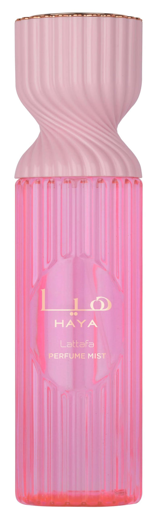 Lattafa Haya Perfume Mist pink champagne opening for a fresh daytime boost.