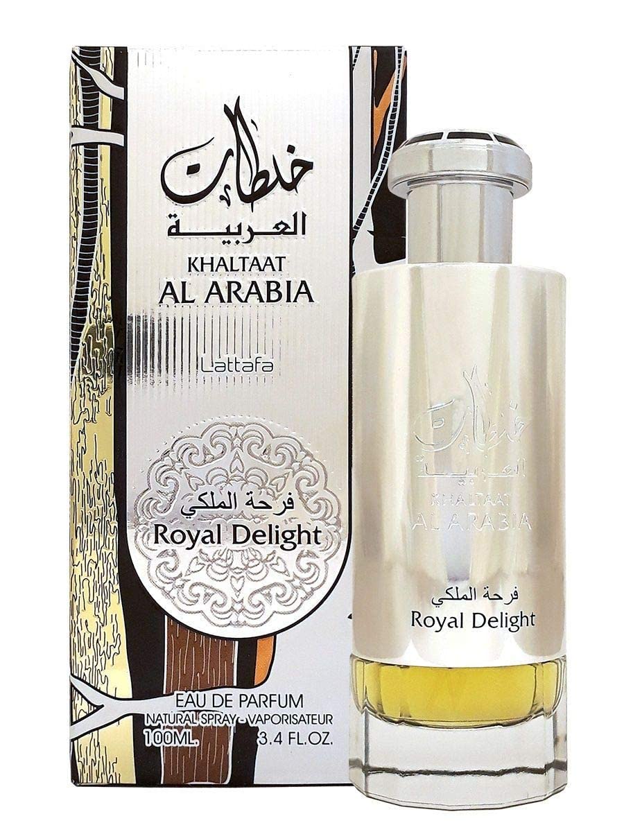 Lattafa Khaltaat Al Arabia Royal Delight silver bottle close-up, ideal for evening wear
