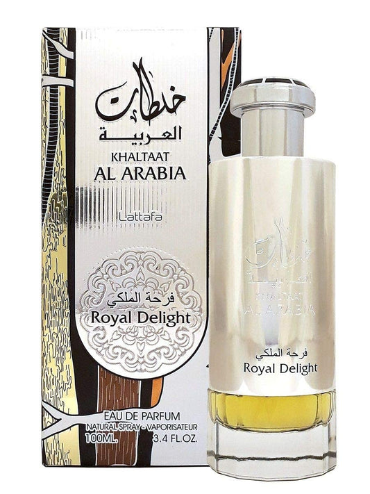 Lattafa Khaltaat Al Arabia Royal Delight silver bottle close-up, ideal for evening wear