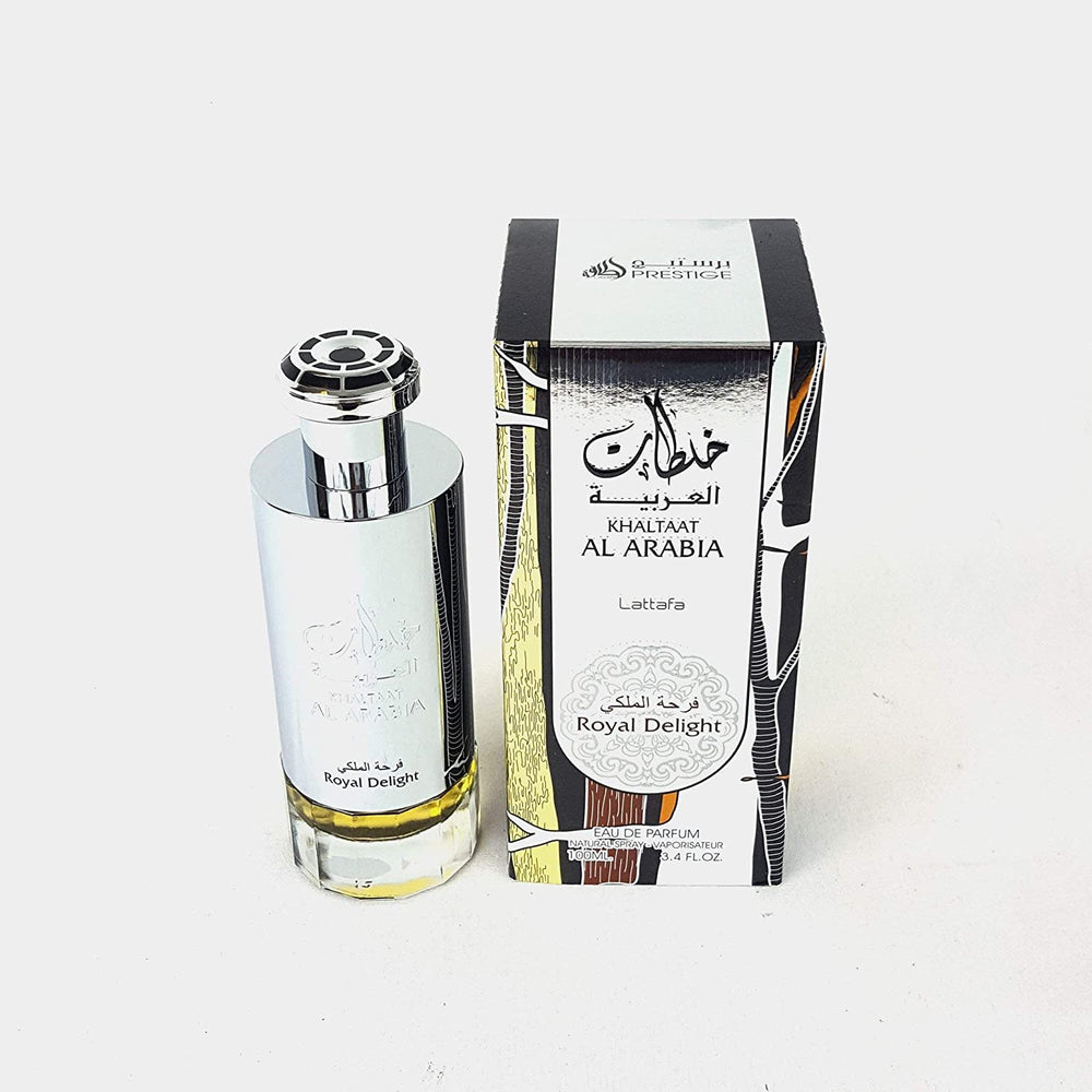 Spray bottle on a reflective surface, Lattafa Khaltaat Al Arabia Royal Delight, travel-ready