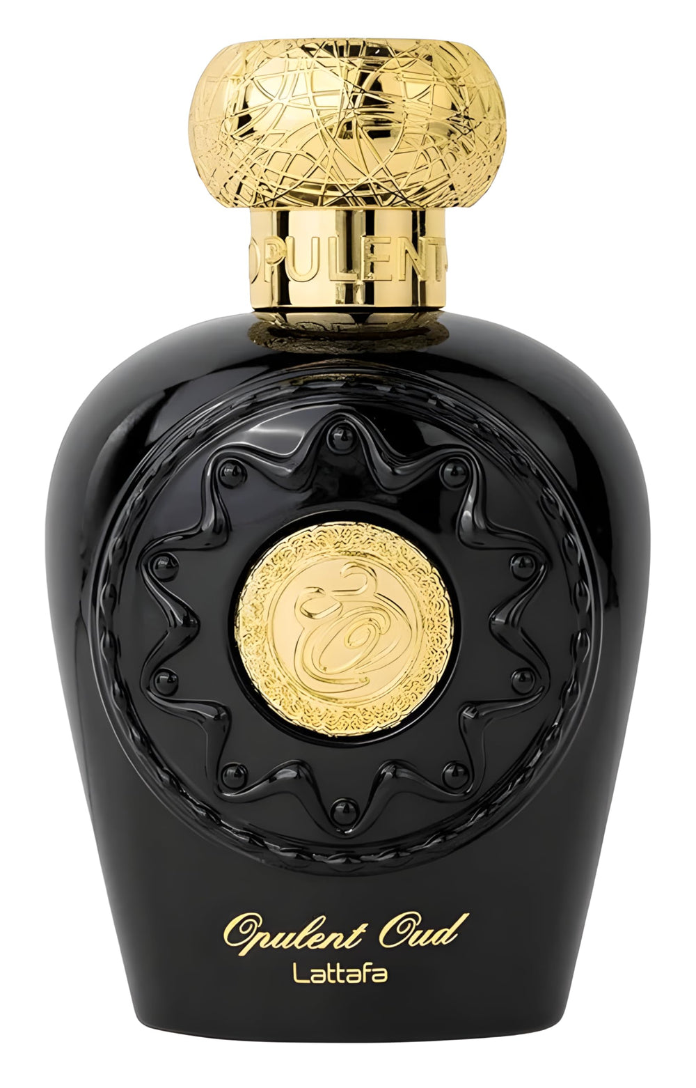 Lattafa Opulent Oud bottle front view; unisex aroma for all-day wear