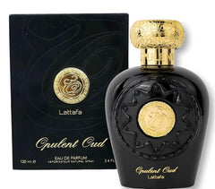 Lattafa Opulent Oud bottle side view; sophisticated style companion