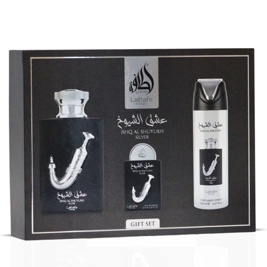 Lattafa Pride Ishq Al Shuyukh Silver gift box front, ideal for gifting on special occasions.