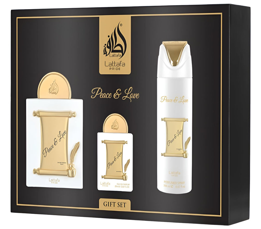 Lattafa Pride Peace & Love unisex 3-piece gift set for everyday scent versatility.