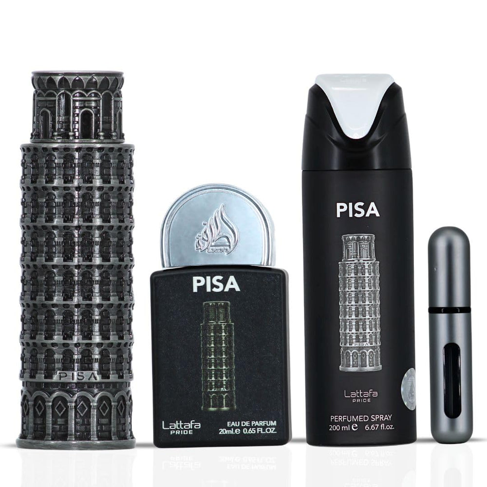 Lattafa Pride Pisa gift box highlighting premium packaging and gifting appeal.