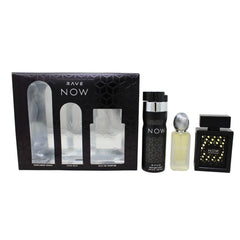 Lattafa Rave Now box inside view, complete fragrance trio displayed.