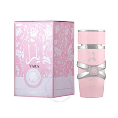 Lattafa Yara bottle close-up reveals tropical notes suitable for special occasions.
