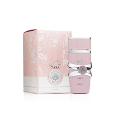 Lattafa Yara bottle highlights tangerine headnote for a bright daytime start.