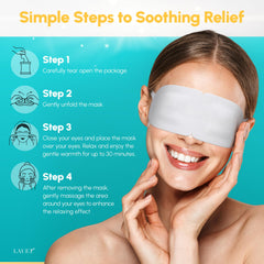Lauer Cosmetic heated eye steam mask back view highlights six-mask set and aromas