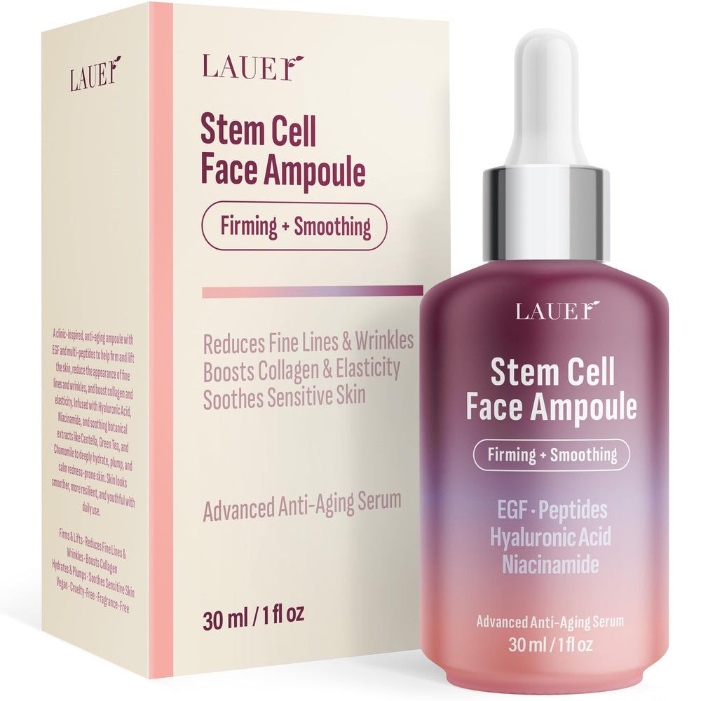 Lauer Cosmetic Stem Cell Face Ampoule bottle highlighting firming benefits for smoother skin.