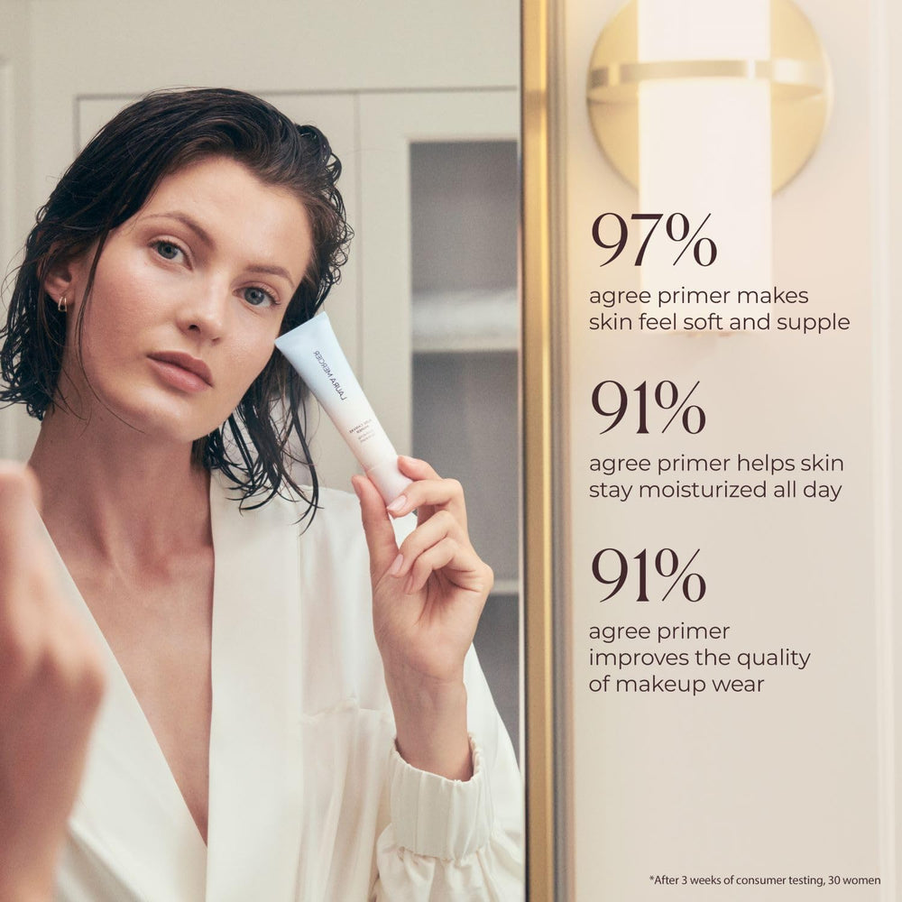 Laura Mercier Pure Canvas Primer radiant finish preview demonstrates luminous options after application.