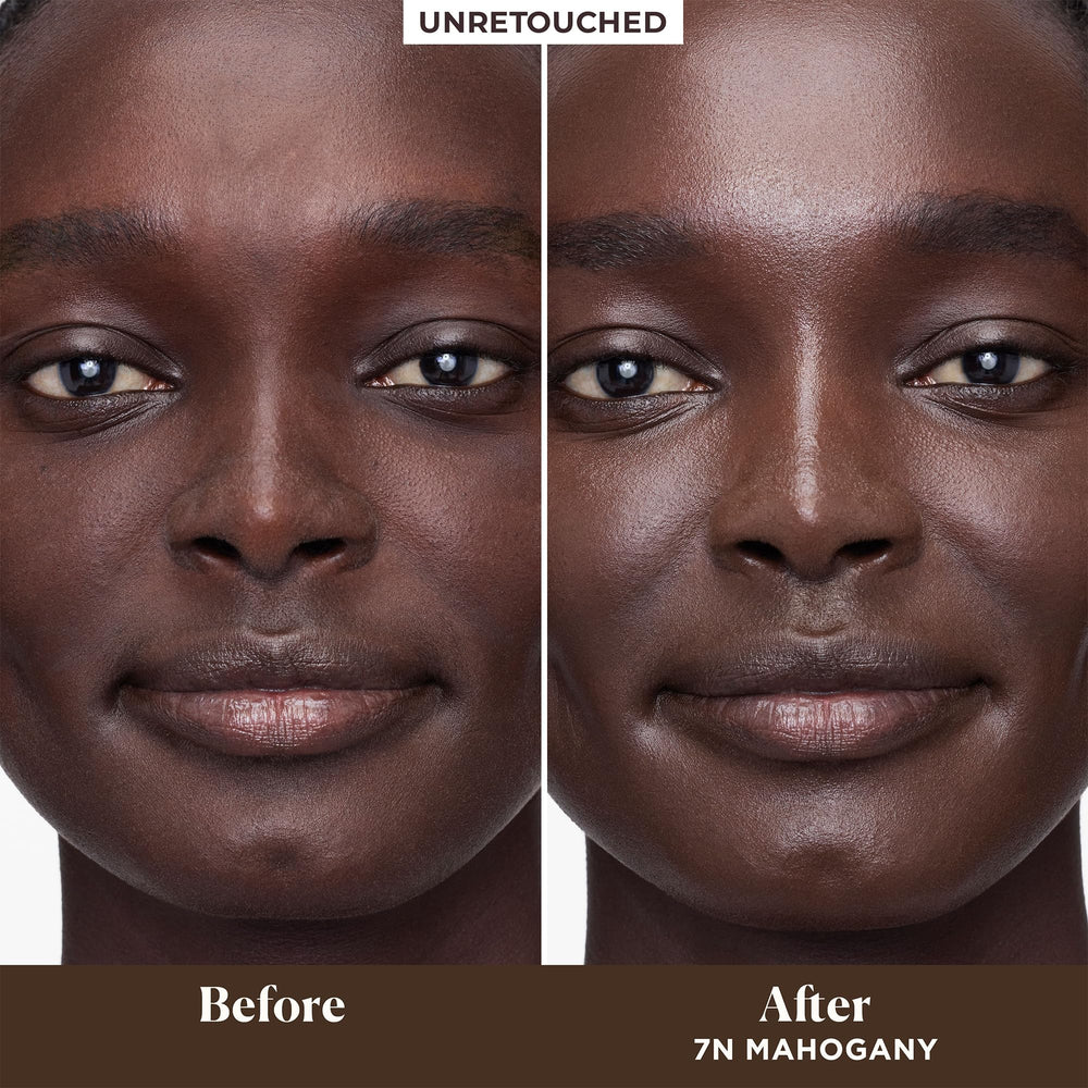 Close-up texture of Laura Mercier tinted moisturizer shows hydrated, plump-looking skin.