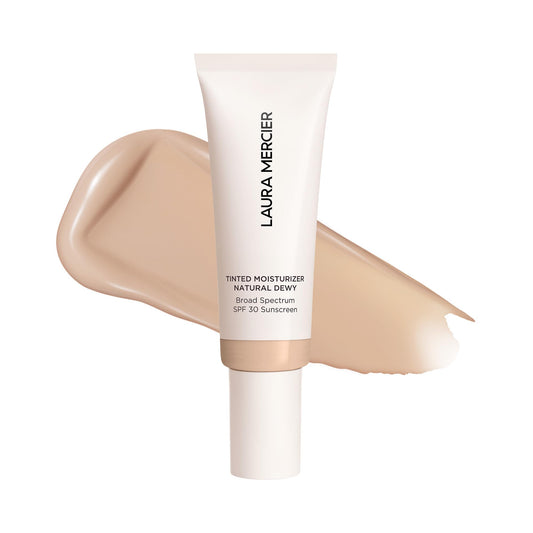 Laura Mercier Tinted Moisturizer bottle shows dewy finish with SPF 30 protection.