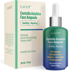 LAUER COSMETIC Centella Asiatica Ampoule Serum bottle showing redness-relief and barrier support benefits