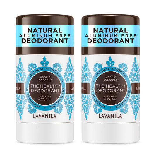 Lavanila Vanilla Coconut Deodorant two-pack front view shows convenient packaging and long-lasting odor protection