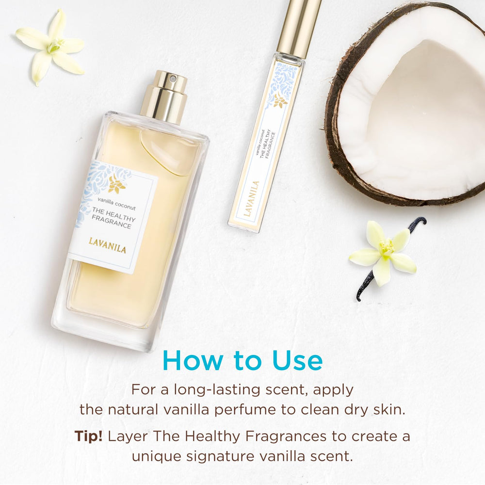 Lavanila Vanilla Coconut ingredients card suggests sugar cane alcohol and essential oils.