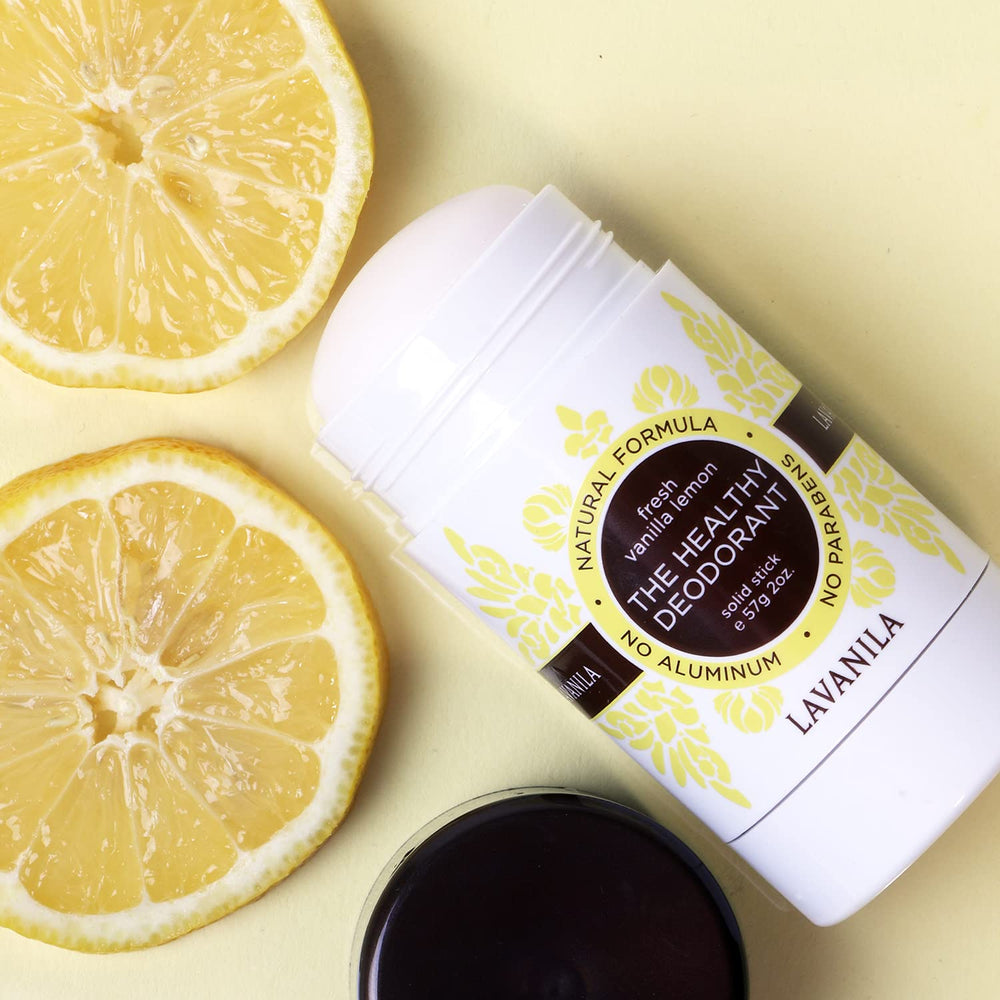 Lavanila Vanilla Lemon deodorant glide texture shown for a sheer finish.