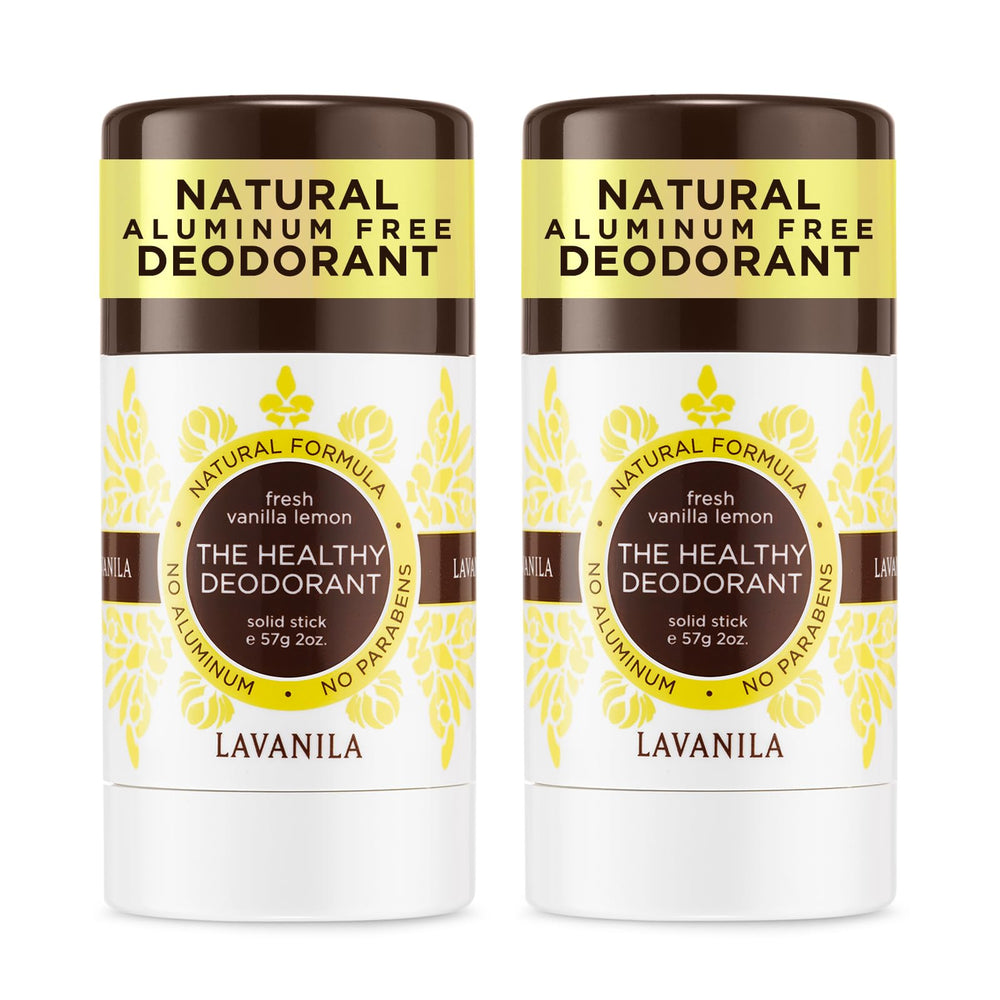 Lavanila Vanilla Lemon deodorant packaging highlights aluminum-free formula for sensitive skin.